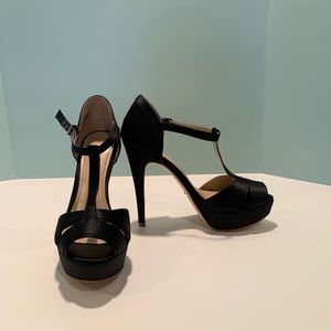Black satin t-strap sandals